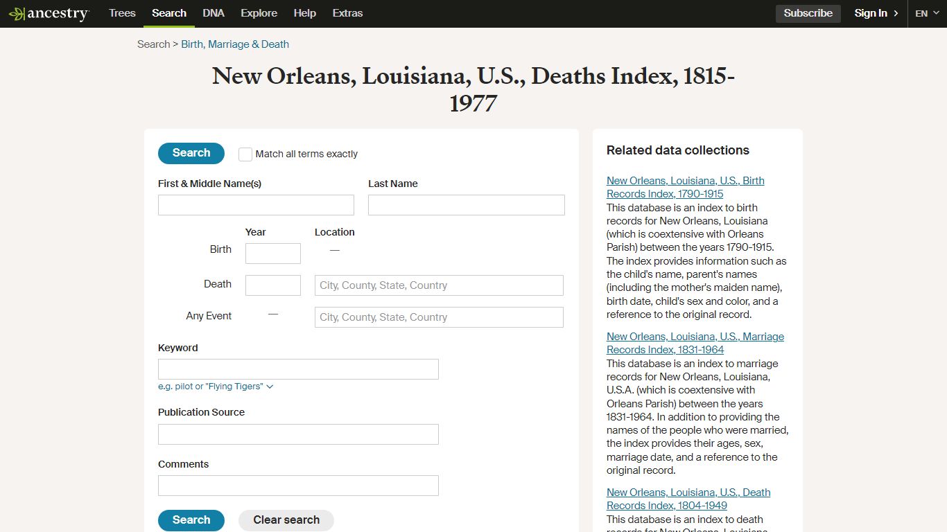 New Orleans, Louisiana, U.S., Deaths Index, 1815-1977